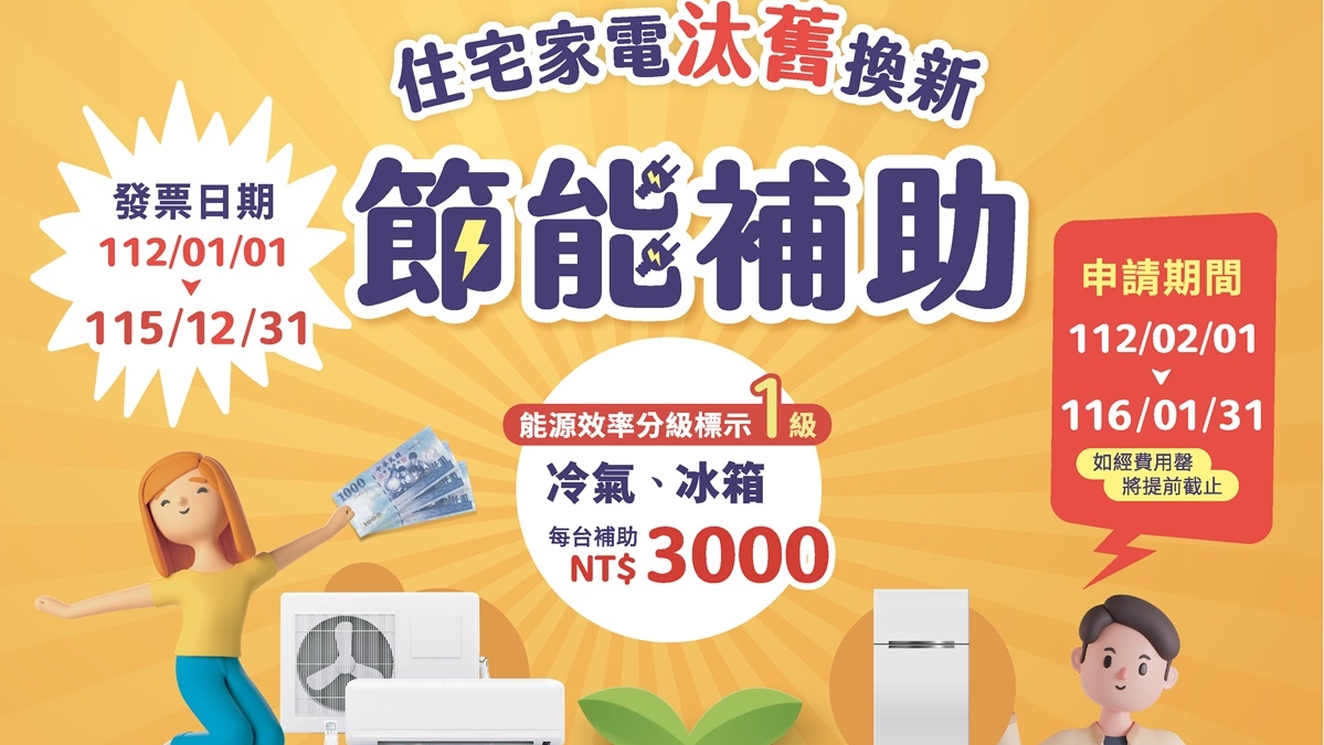 政府補助一級能效家電汰舊換新，每台$3000!